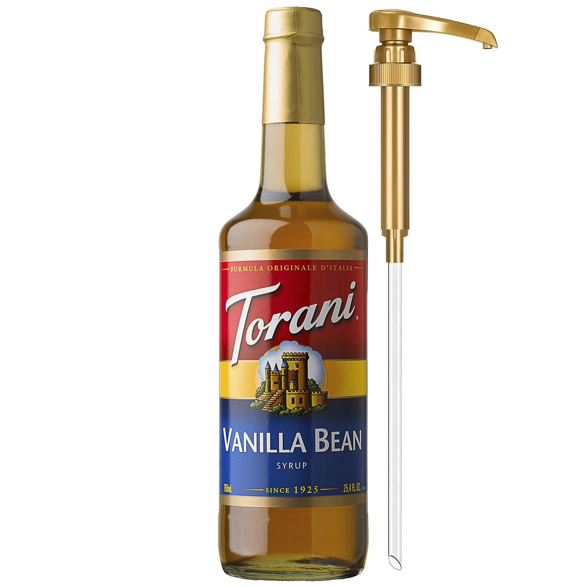 Torani Vanilla Bean Syrup bottle with pump enhances coffee flavor