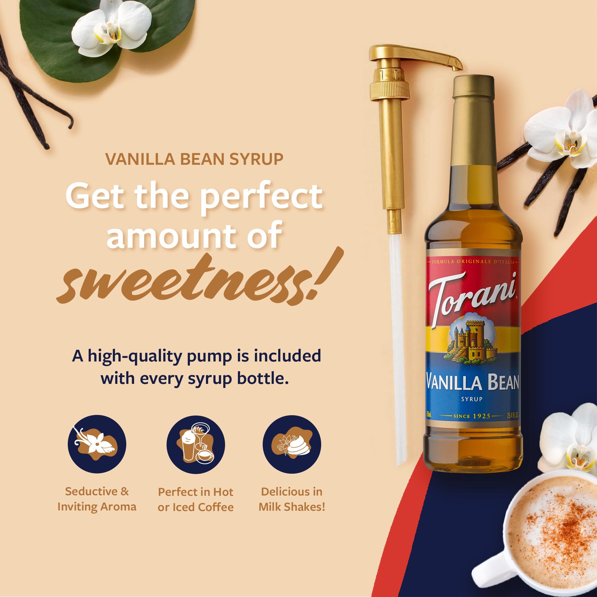 Torani Vanilla Bean Syrup glass bottle on kitchen counter for use