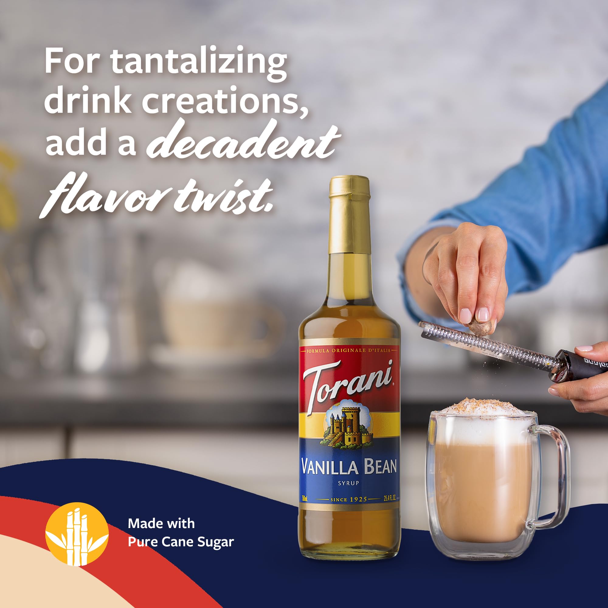 Torani Vanilla Bean Syrup packaging highlighting Madagascar vanilla notes