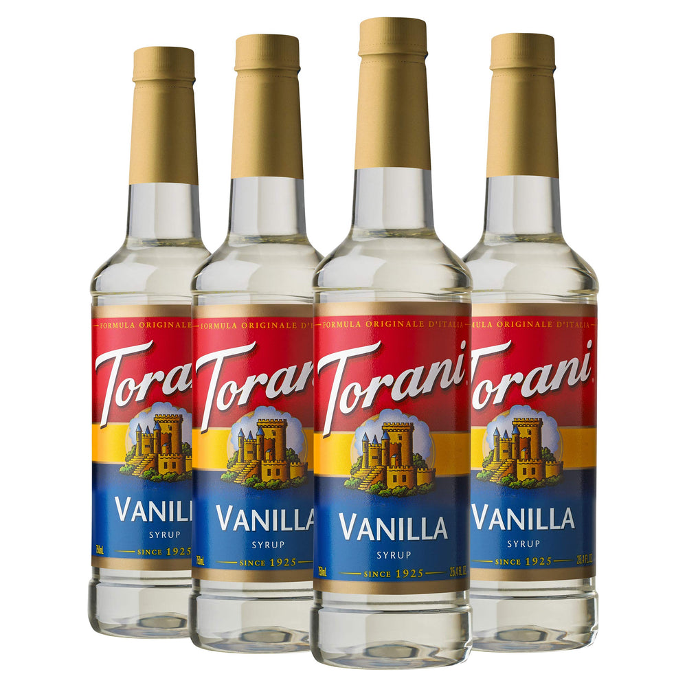 Torani Vanilla Syrup 4-pack bottles side view for versatile coffee flavoring