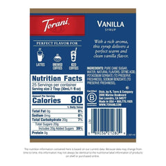 Close-up of Torani Vanilla Syrup label highlighting quality ingredients