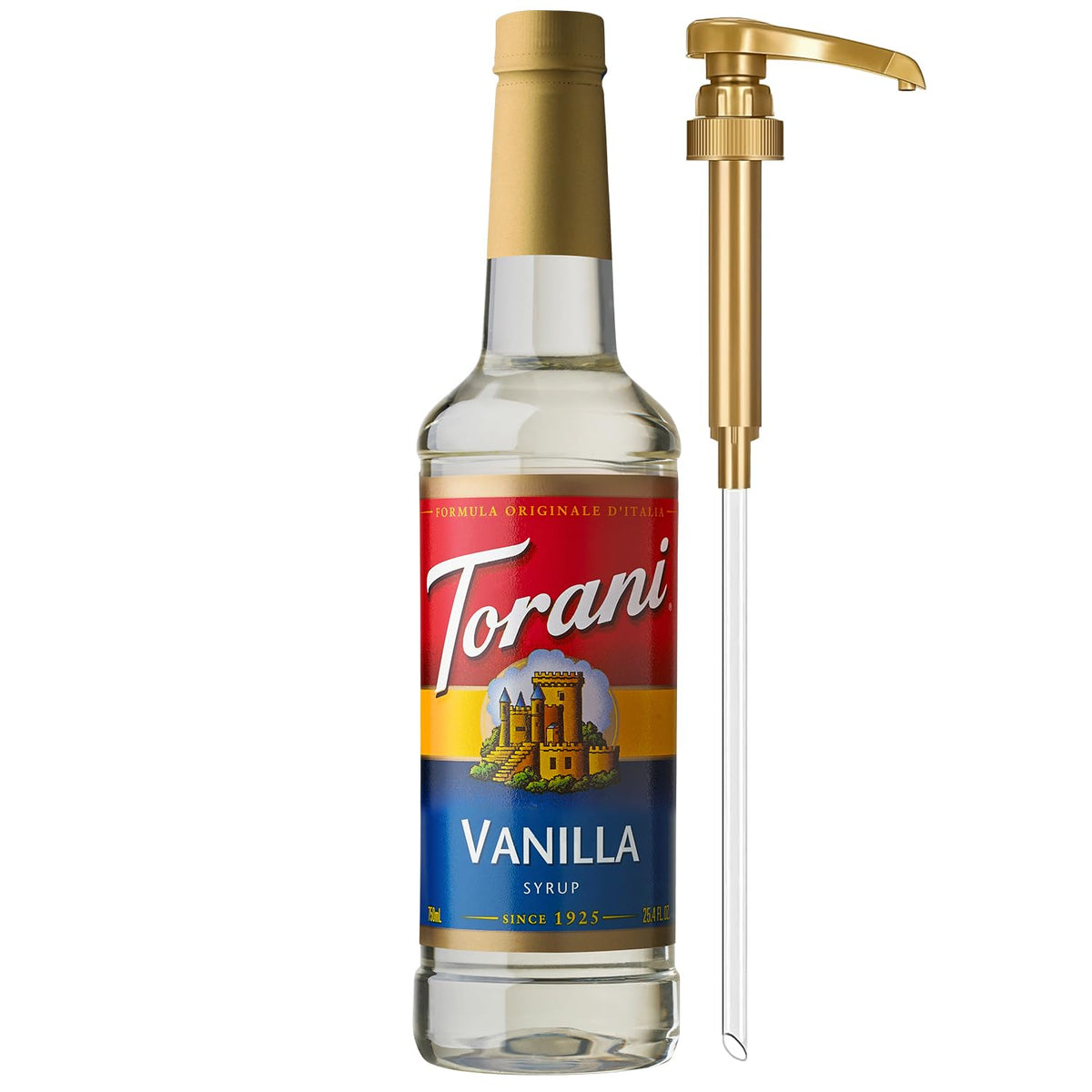 Torani Vanilla Syrup bottle with pump, ideal for café-style drinks at home