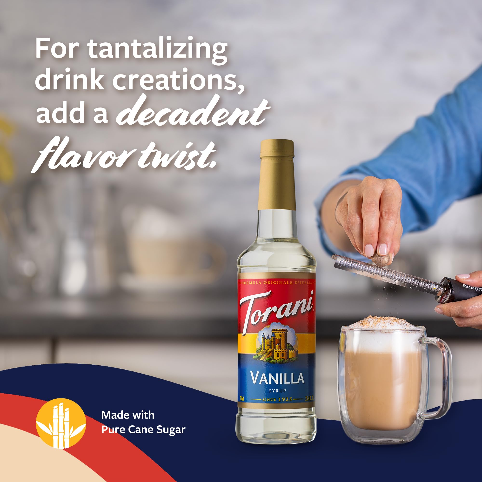 Torani Vanilla Syrup dessert topping over ice cream