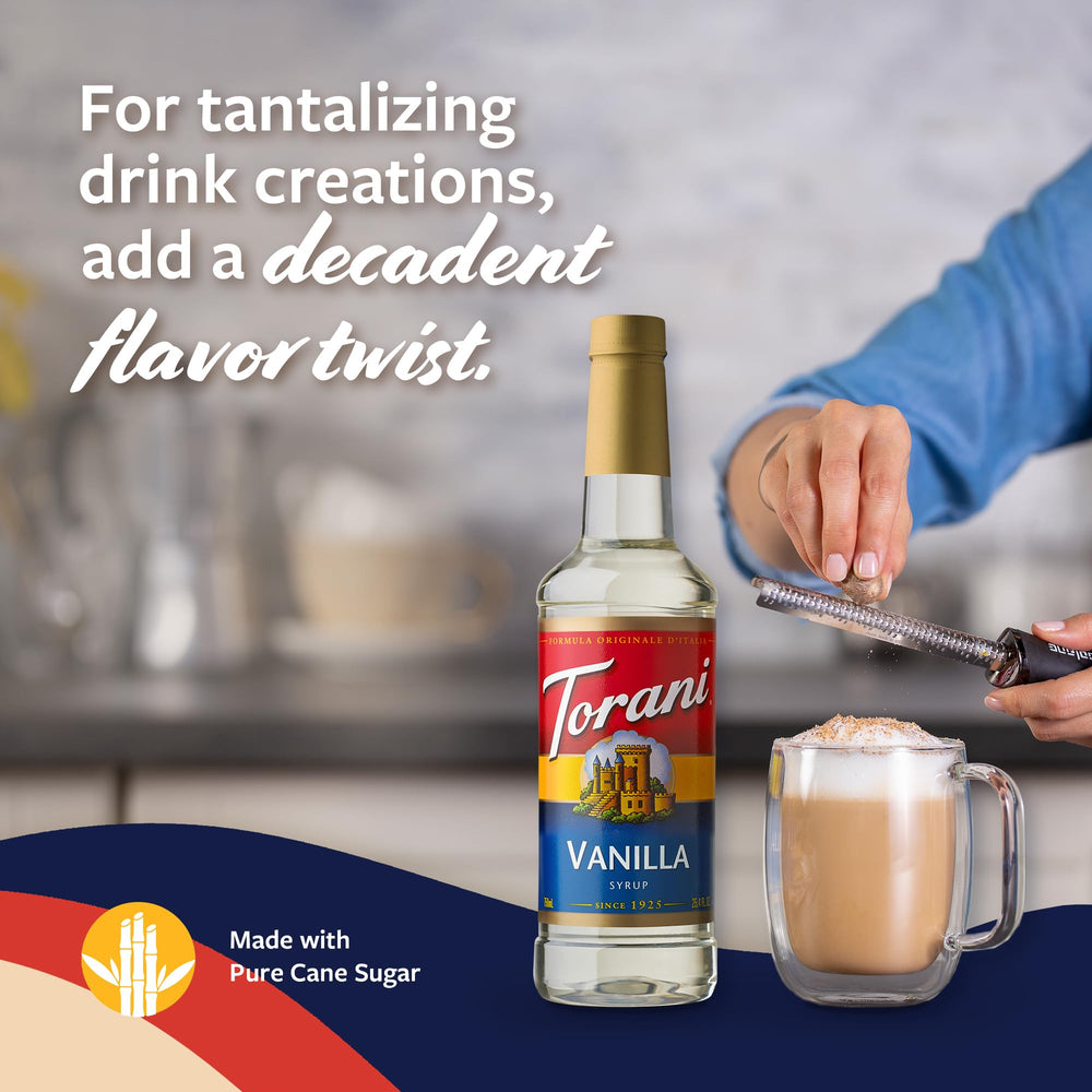 Torani Vanilla Syrup dessert topping over ice cream