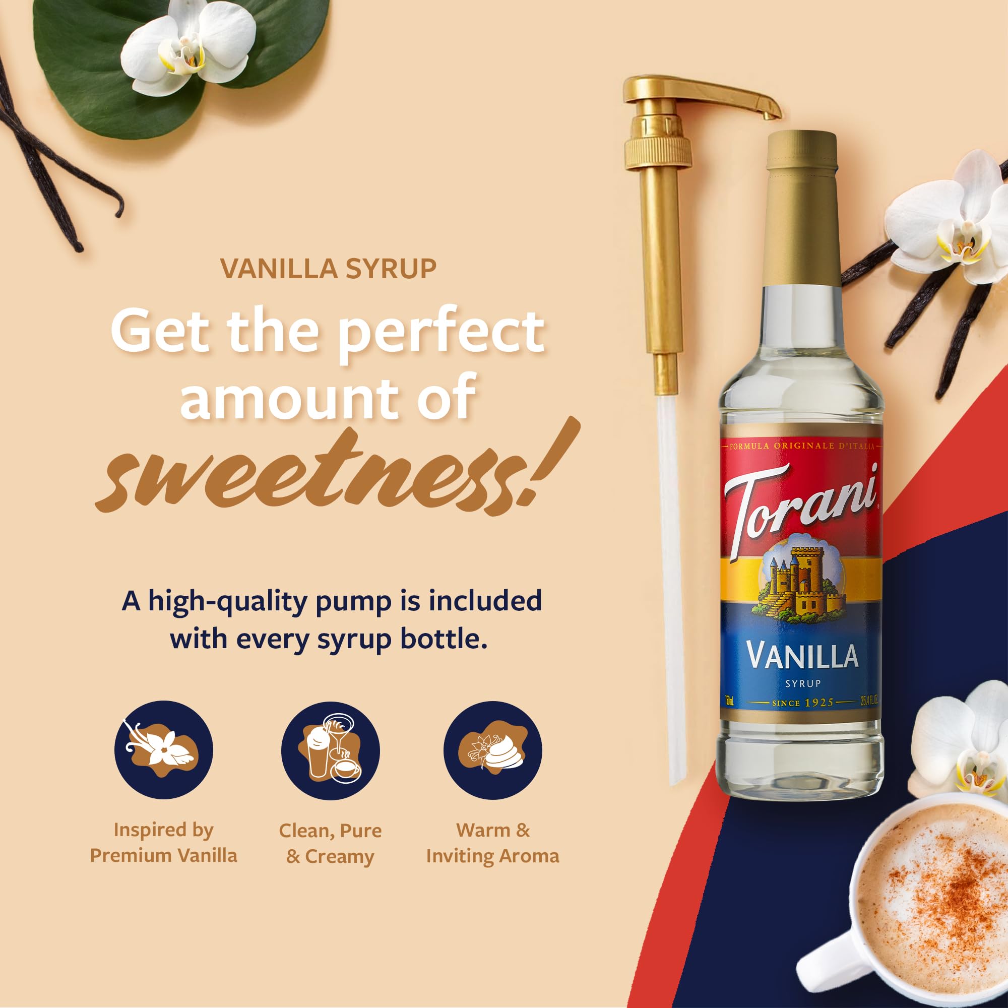 Torani Vanilla Syrup latte with creamy foam and aromatic vanilla