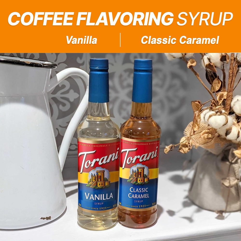 Torani Variety Pack bottles side by side showcases sweet options for home barista creations.