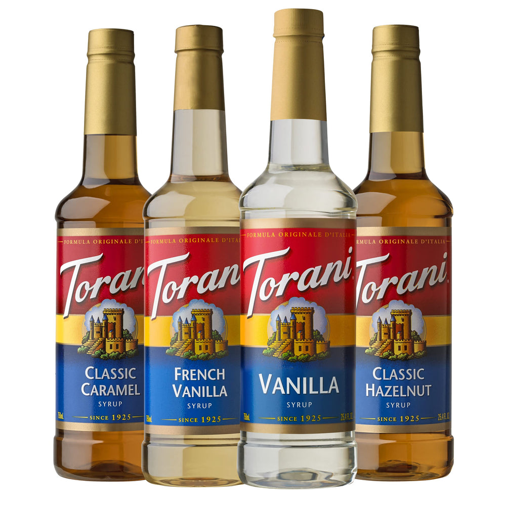 Torani caramel bottle to craft creamy caramel lattes at home.