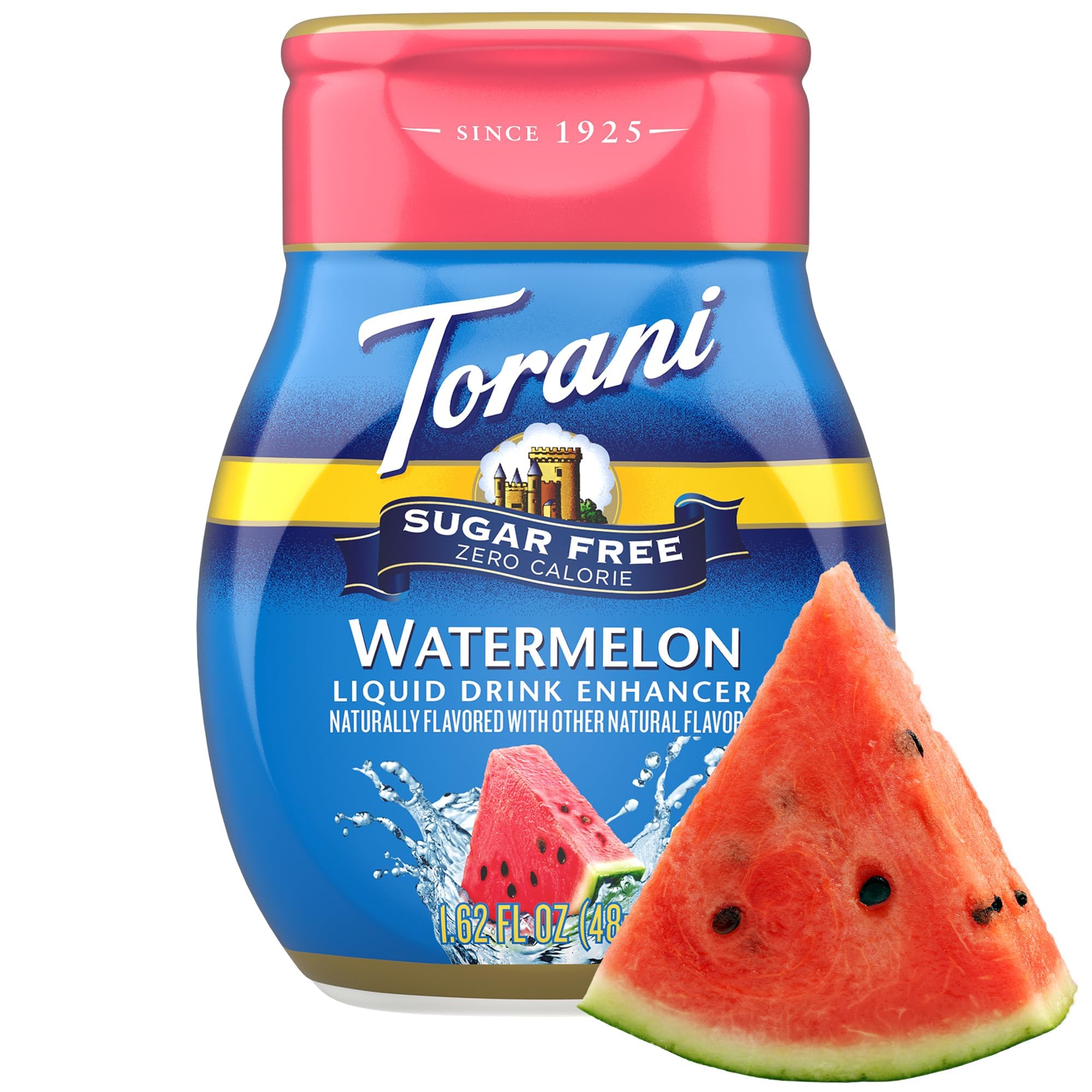 Torani watermelon flavor drops pouring into glass for instant flavor