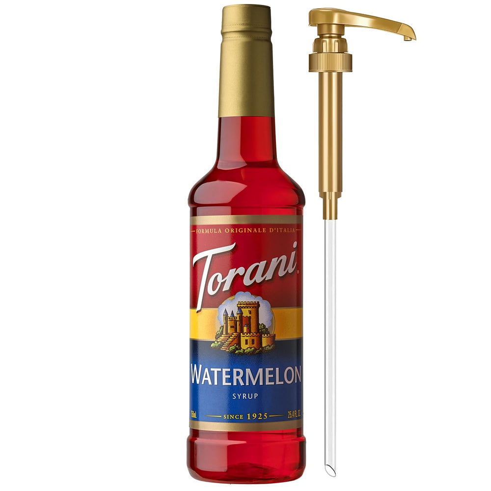 Torani Watermelon Syrup bottle with pump for precise dispensing in drinks