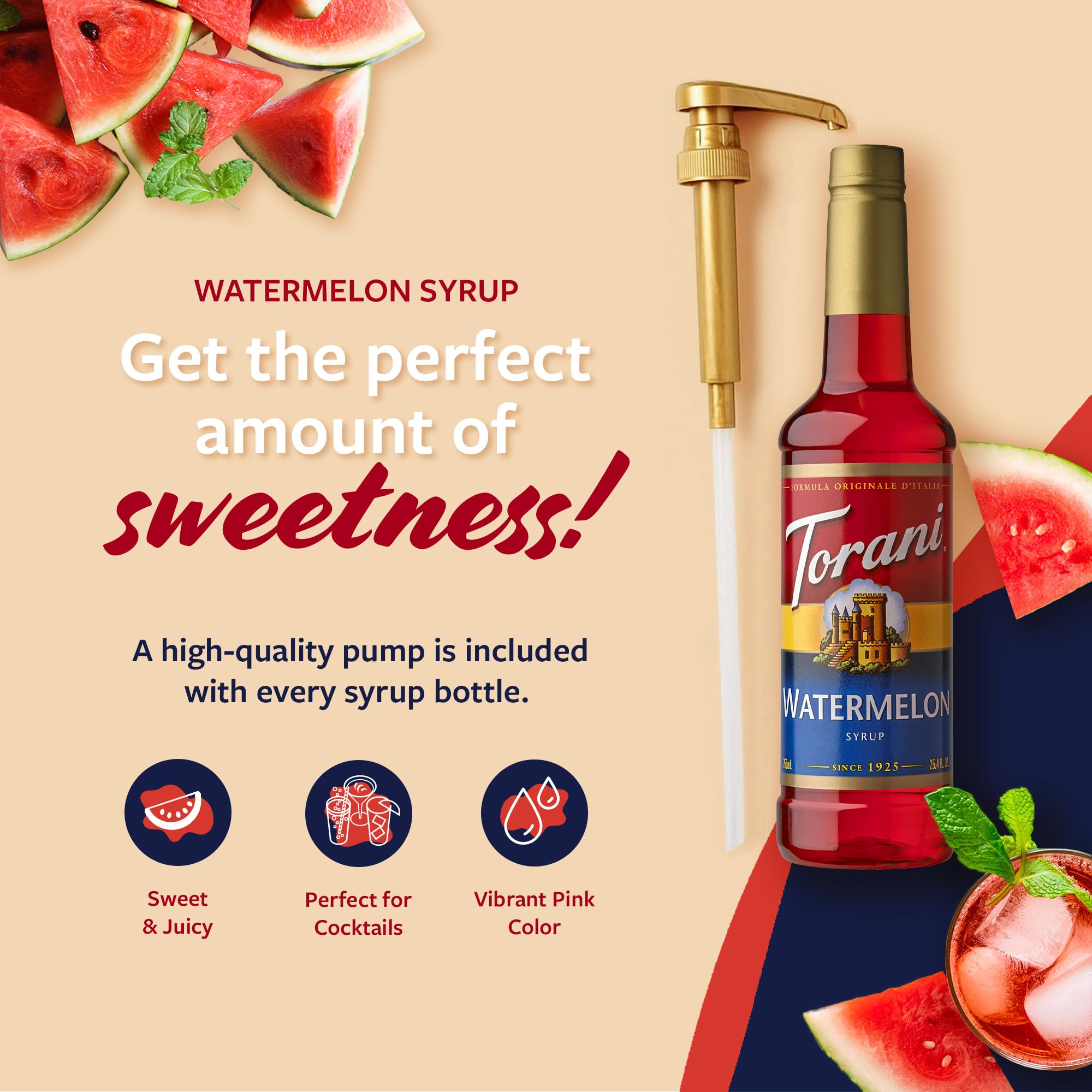 Torani Watermelon Syrup in a glass cocktail with vibrant pink color