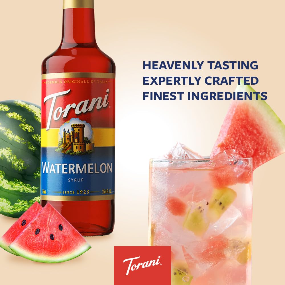 Torani Watermelon Syrup iced tea in a glass adds a bright flavor