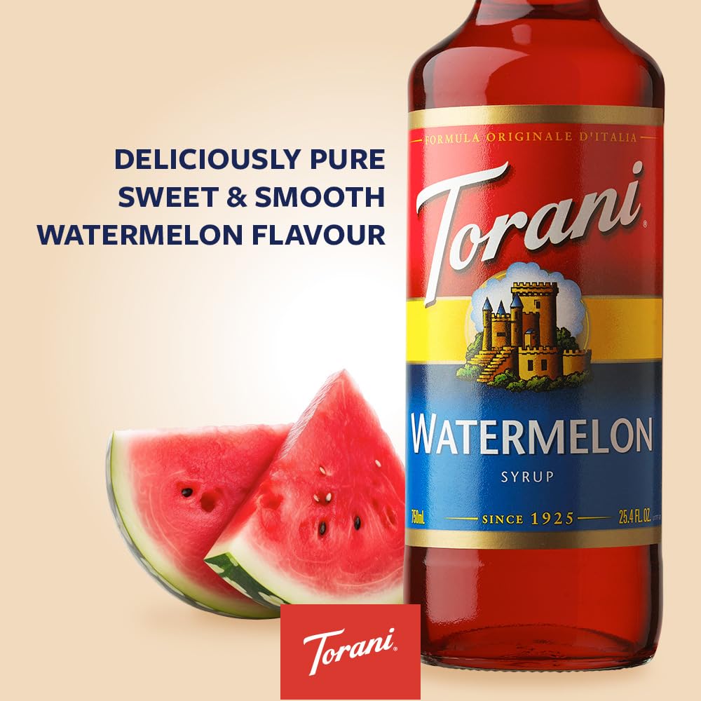 Torani Watermelon Syrup pour demonstrates easy mixing for refreshing beverages
