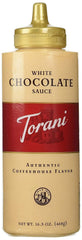Torani White Chocolate Sauce 16.5 oz bottle with smooth, creamy flavor for drinks
