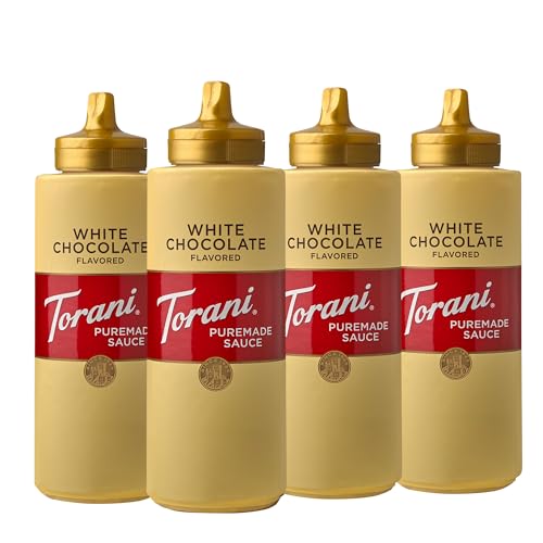 Torani White Chocolate Sauce glass bottle closeup shows rich color and silky texture