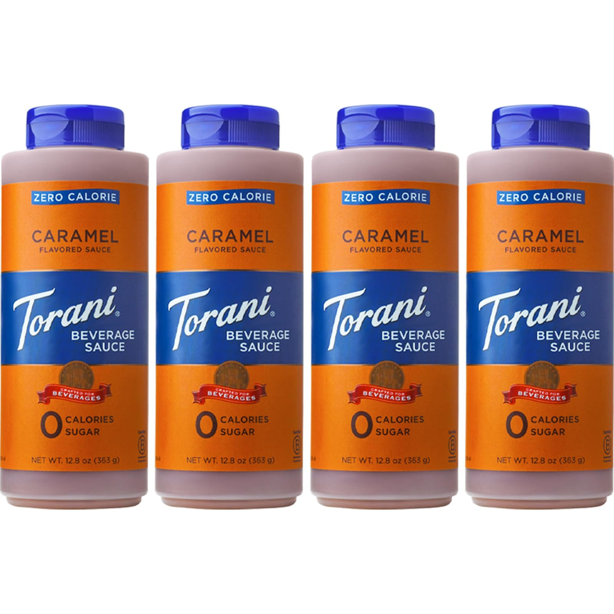 Torani Zero Calorie Caramel Sauce bottle pouring over dessert for flavor without calories
