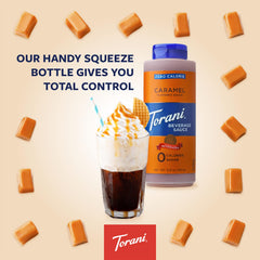 Torani Zero Calorie Caramel Sauce drizzle on coffee for mocha-like sweetness