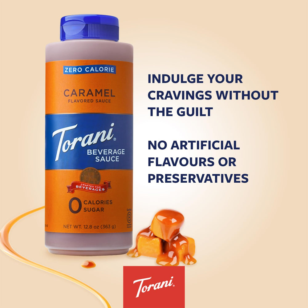 Torani Zero Calorie Caramel Sauce drizzle on ice cream for rich taste