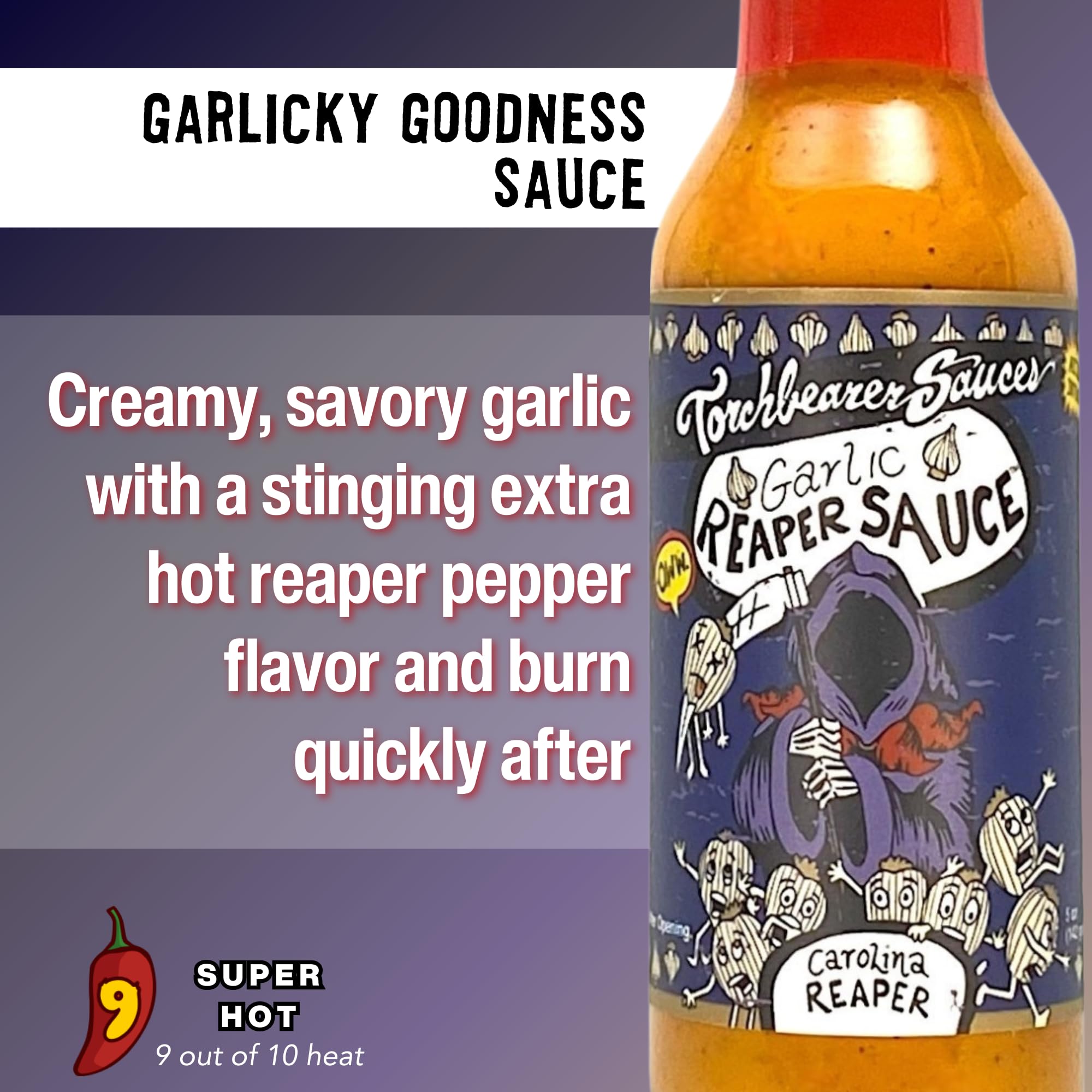 Closeup of Torchbearer Garlic Reaper jar highlights garlic-forward heat