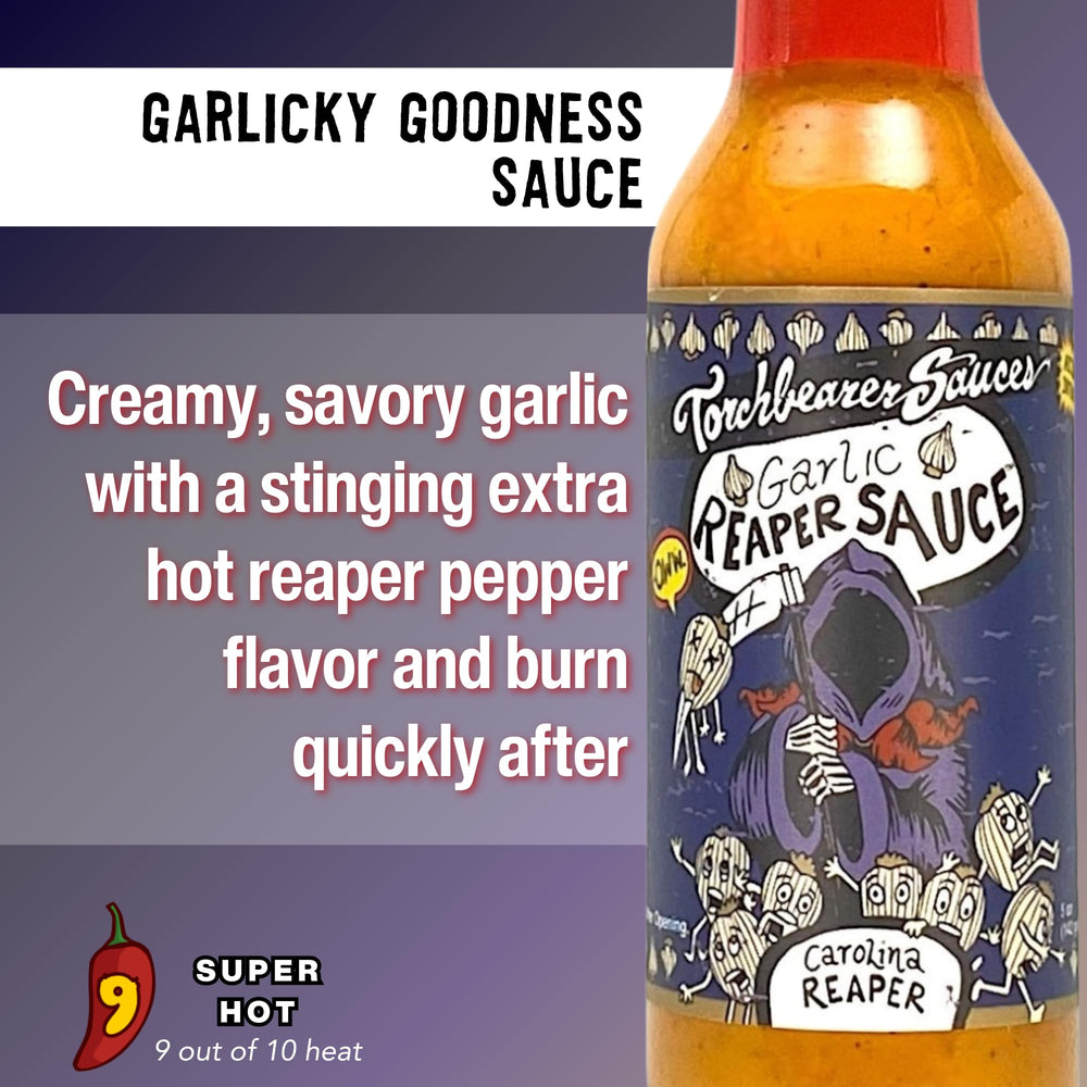 Closeup of Torchbearer Garlic Reaper jar highlights garlic-forward heat