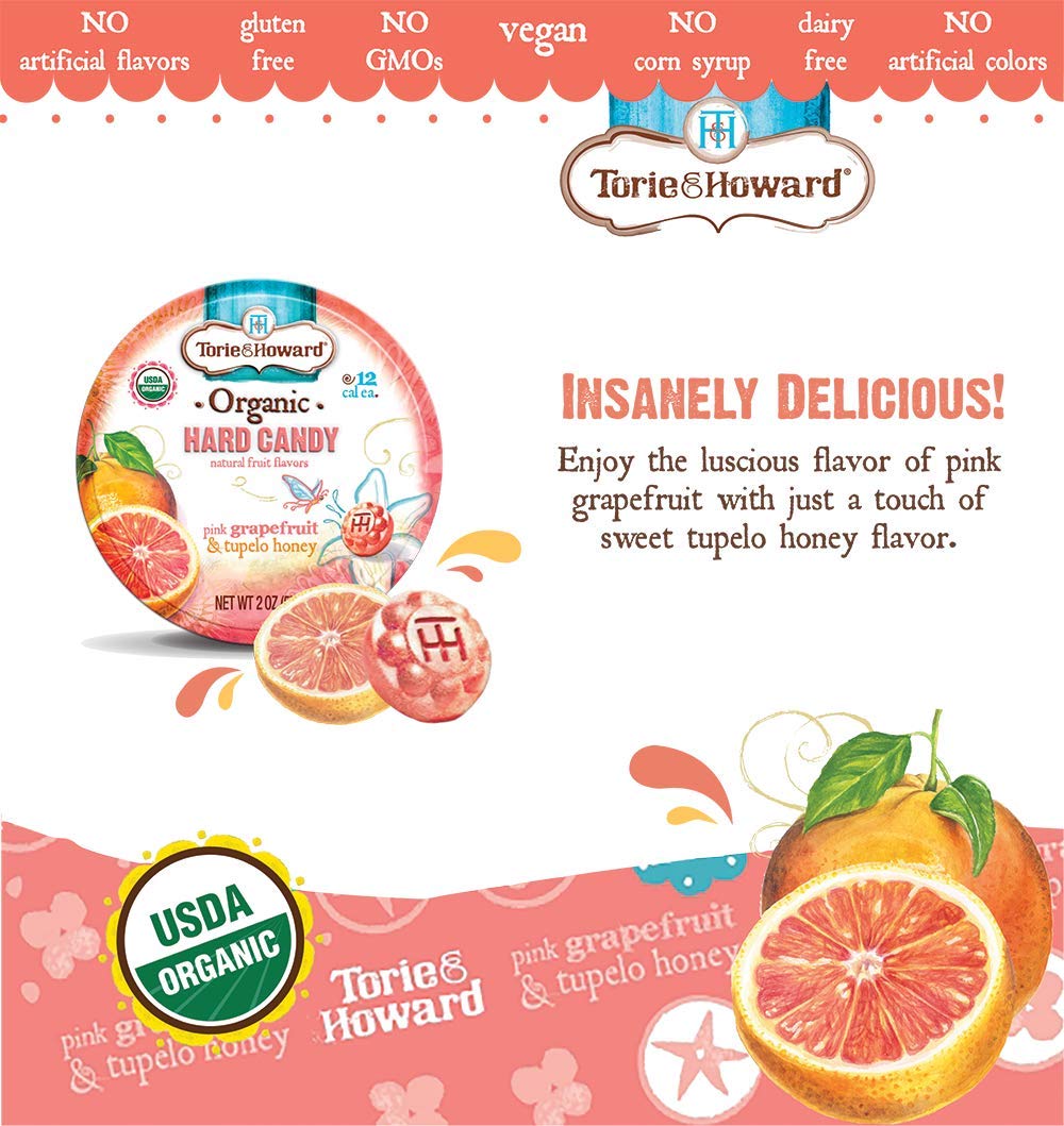 Organic ingredient label on Torie & Howard candy tin.