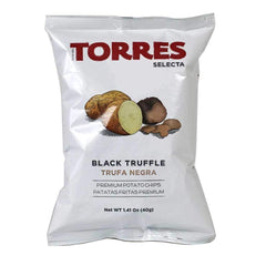 Torres Selecta black truffle chips with visible specks and crispy texture.