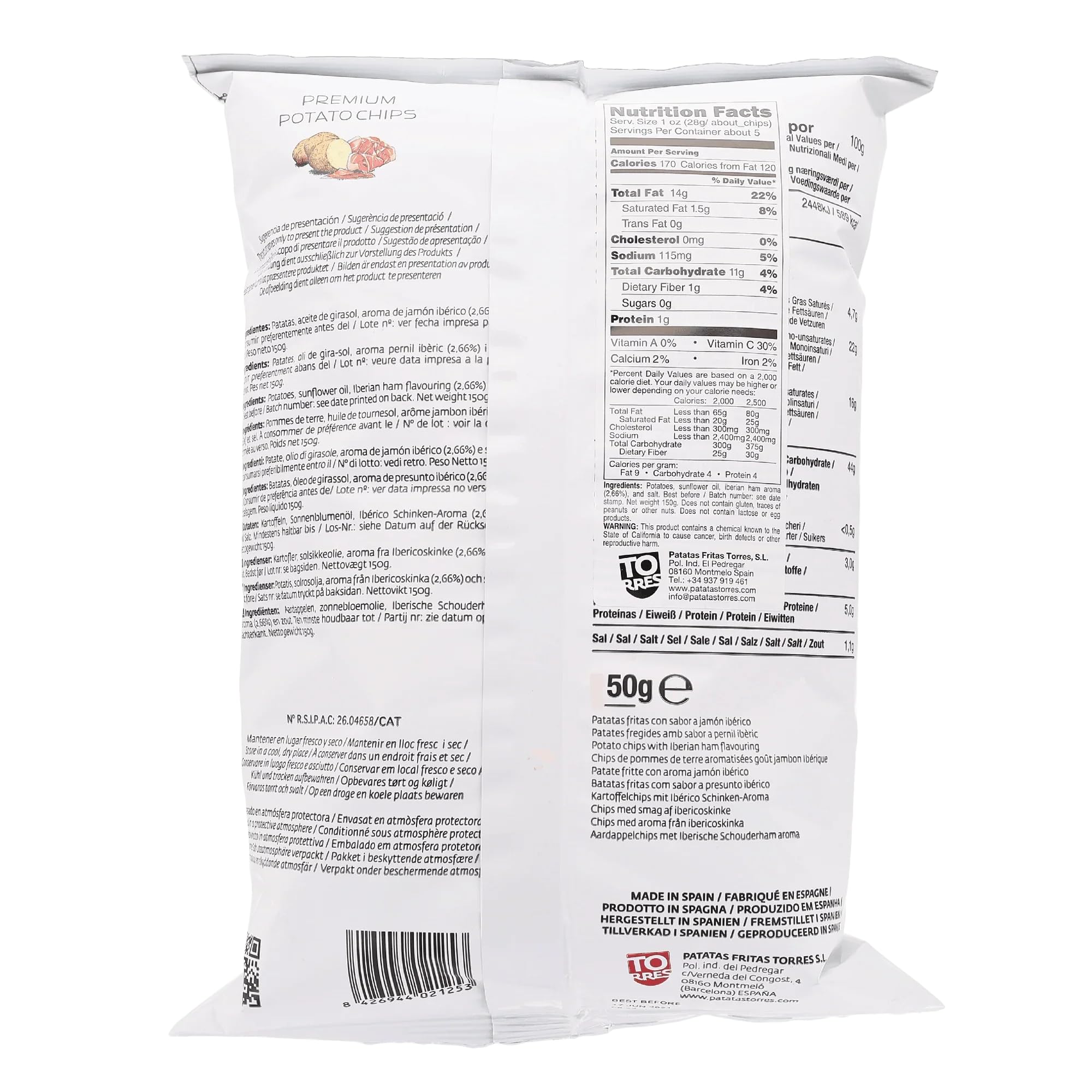 Torres Selecta Iberian Ham Chips close-up showing crisp texture for snacking.