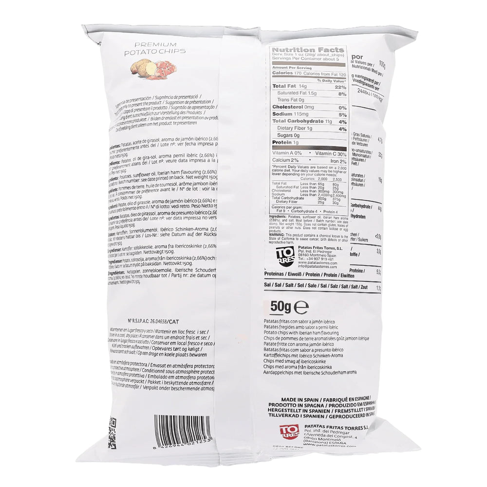 Torres Selecta Iberian Ham Chips close-up showing crisp texture for snacking.