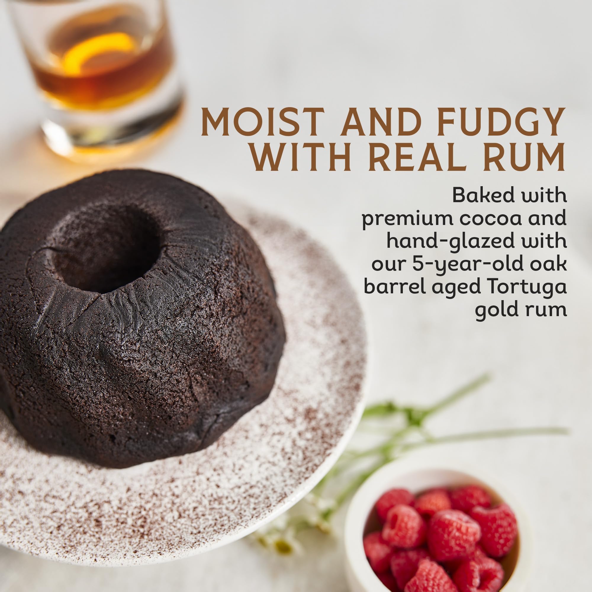 TORTUGA Caribbean Chocolate Rum Cake 16oz vacuum-sealed pack; locks in freshness.