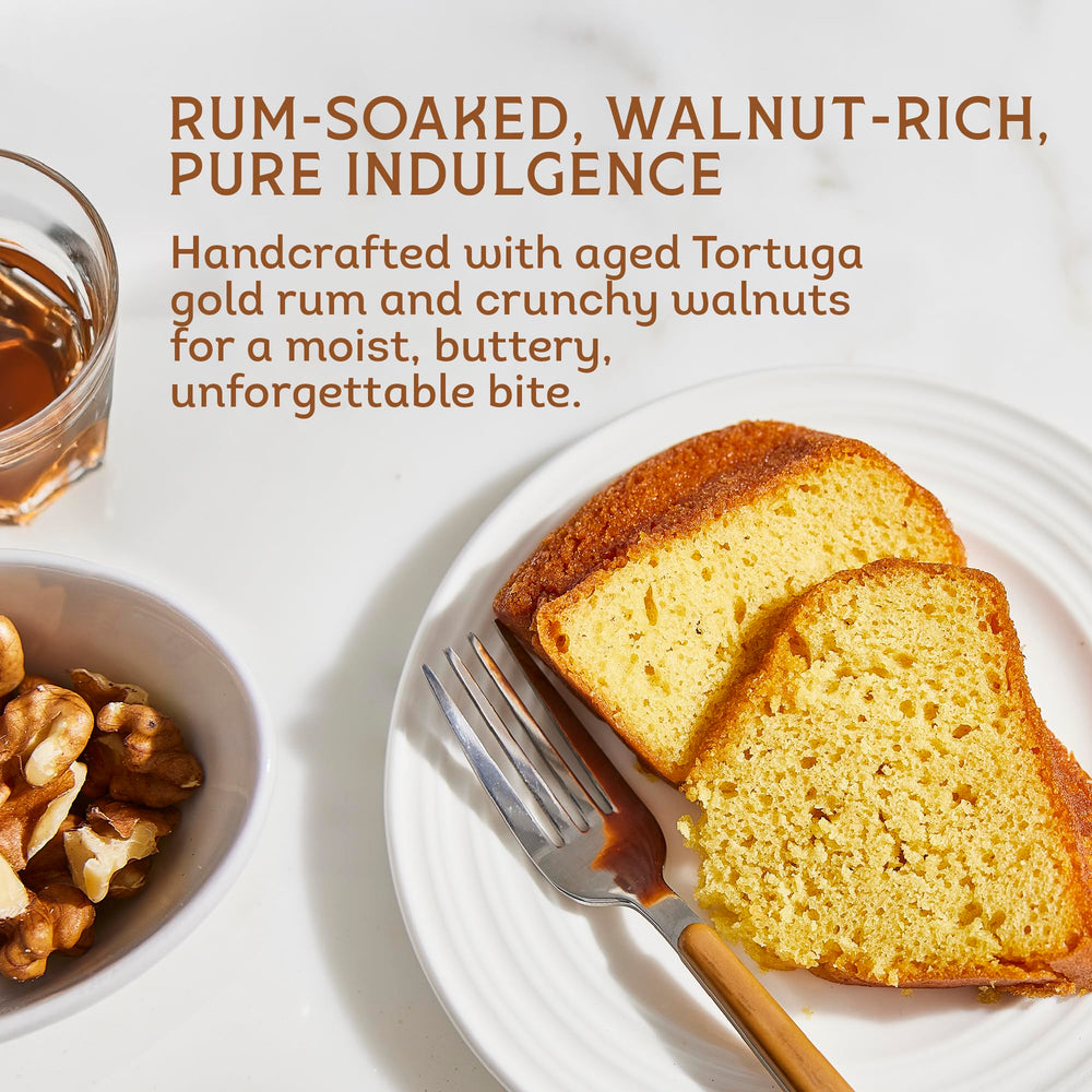 Tortuga Caribbean Original Rum Cake with walnuts ingredients closeup—fresh walnuts and aged rum.