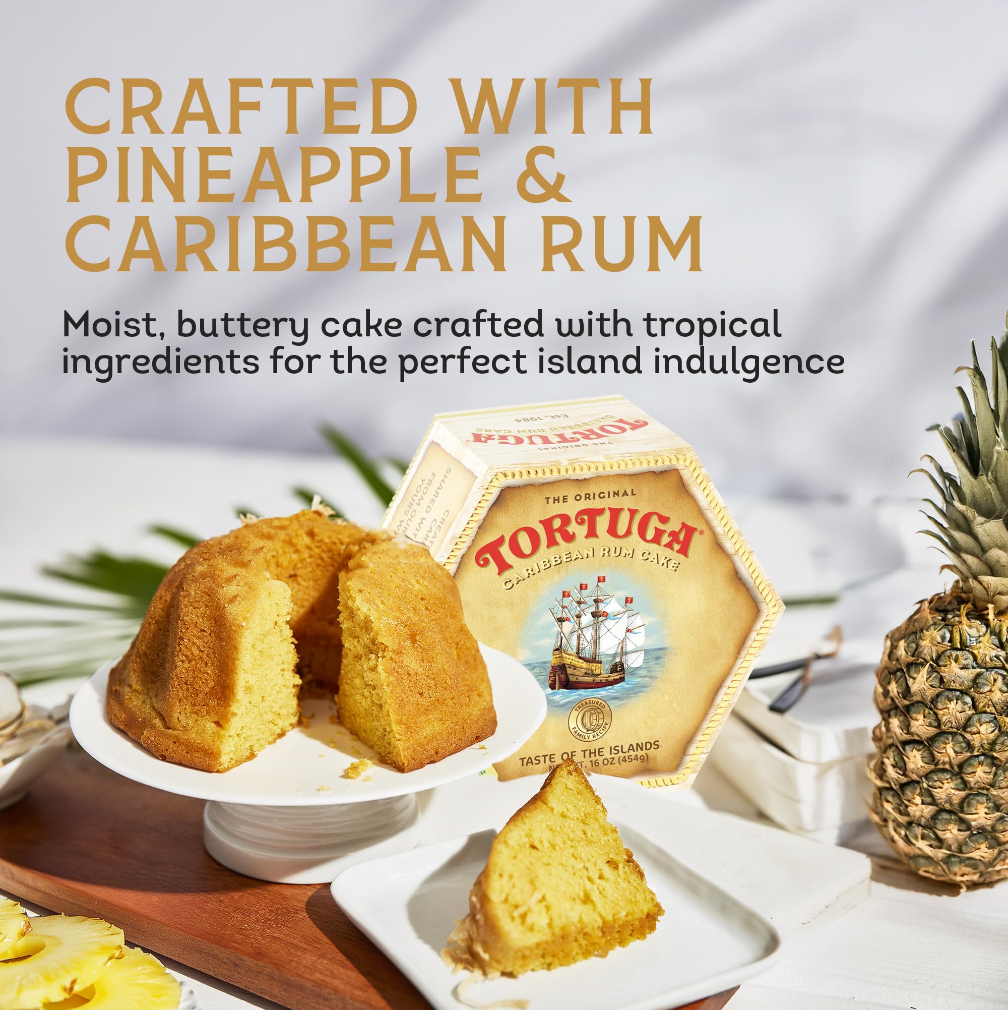 Tortuga Caribbean pineapple rum cake glaze highlights hand-glazed finish.