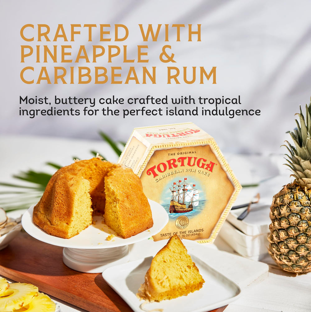 Tortuga Caribbean pineapple rum cake glaze highlights hand-glazed finish.