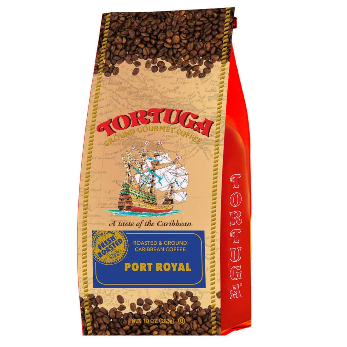 TORTUGA Caribbean Port Royal Blue Mountain coffee bag front showing premium packaging and flavor promise.