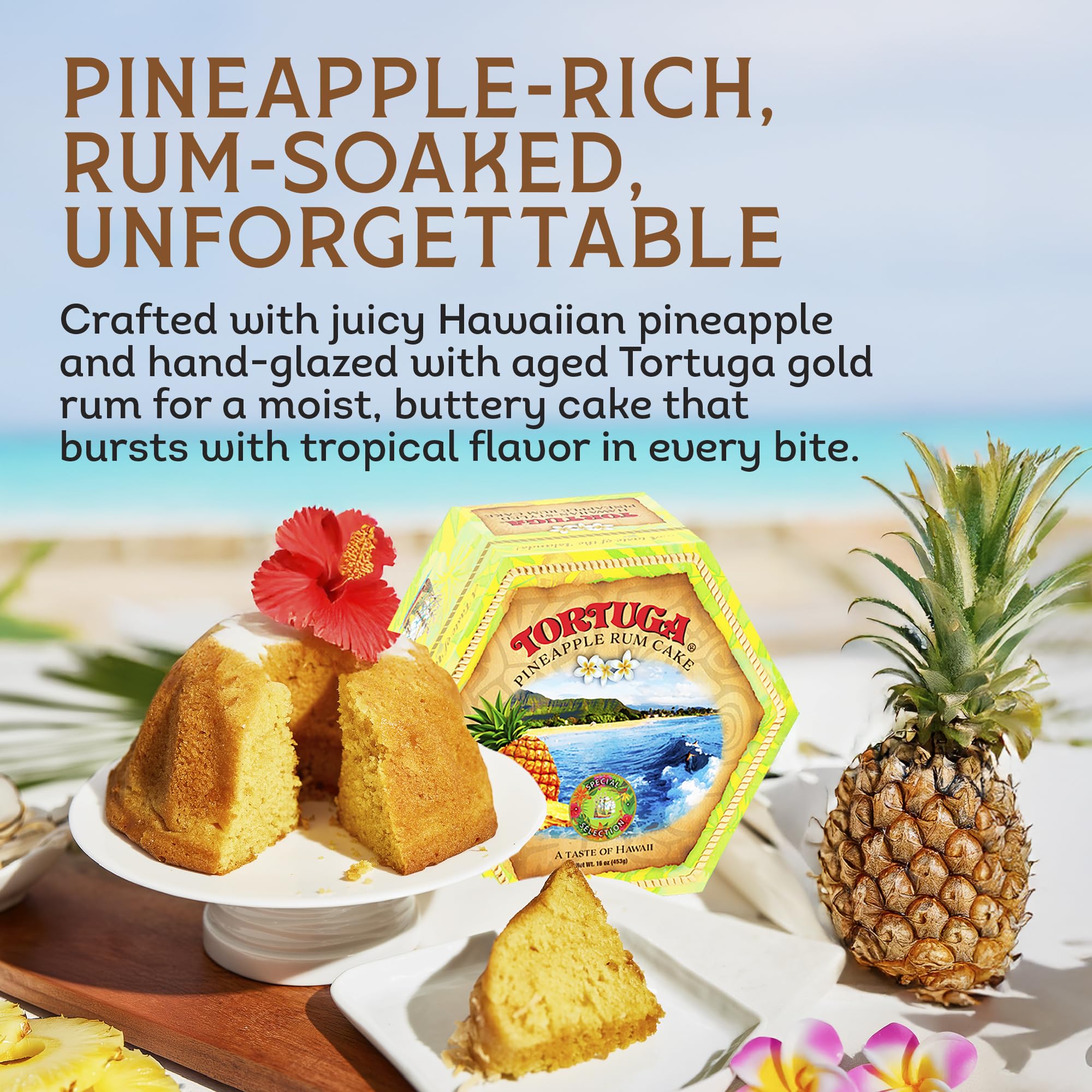 Tortuga hand-glazed pineapple rum cake close-up, rich dessert experience.