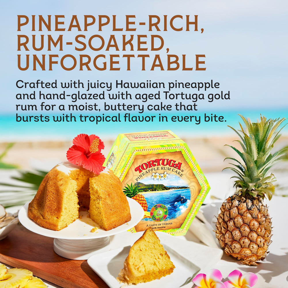 Tortuga hand-glazed pineapple rum cake close-up, rich dessert experience.