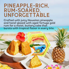 Tortuga hand-glazed pineapple rum cake close-up, rich dessert experience.