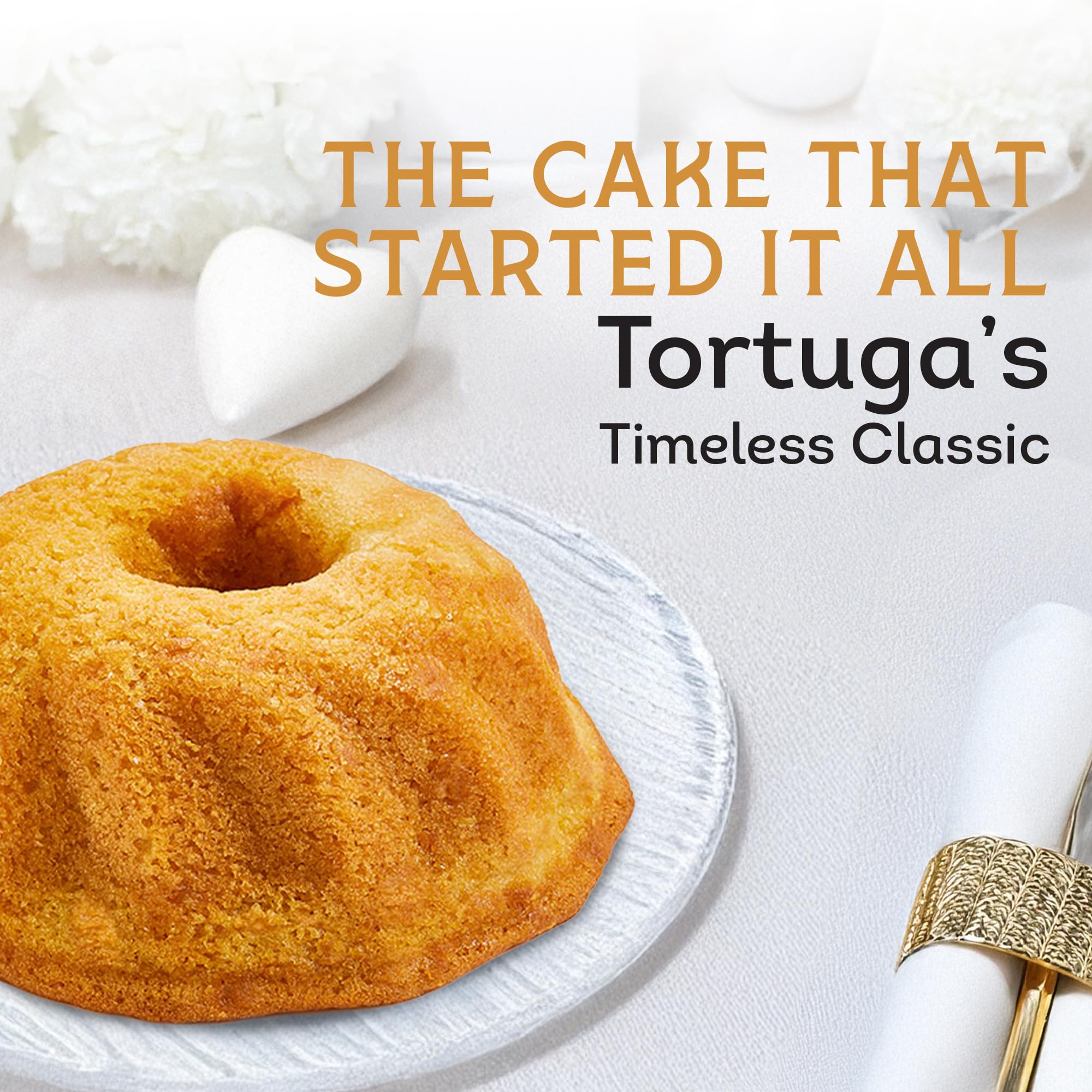 TORTUGA Provenance Rum Cake Flor de Cana slice, golden glaze for dessert rituals