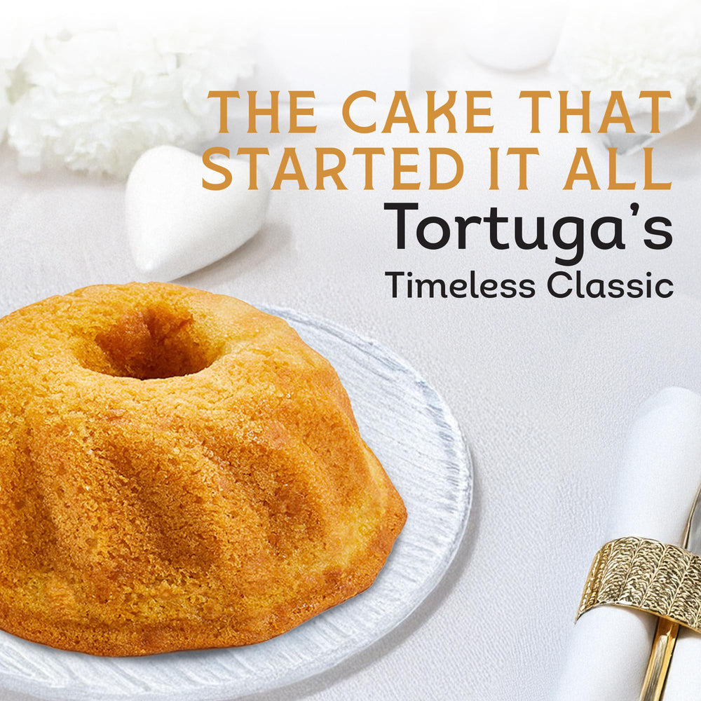 TORTUGA Provenance Rum Cake Flor de Cana slice, golden glaze for dessert rituals