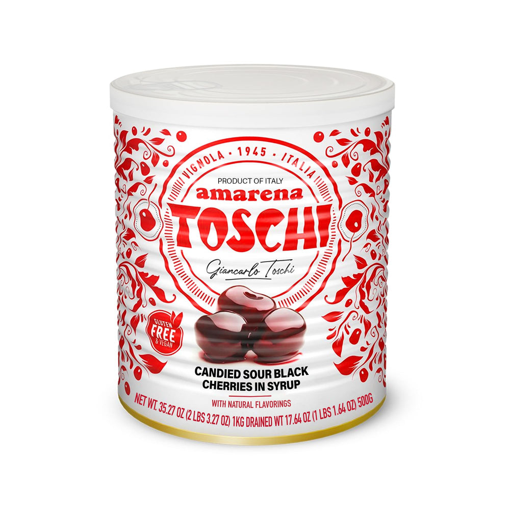 Toschi Amarena black cherries in syrup in a jar, ideal for cocktails and desserts.