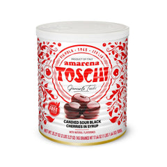 Toschi Amarena black cherries in syrup in a jar, ideal for cocktails and desserts.