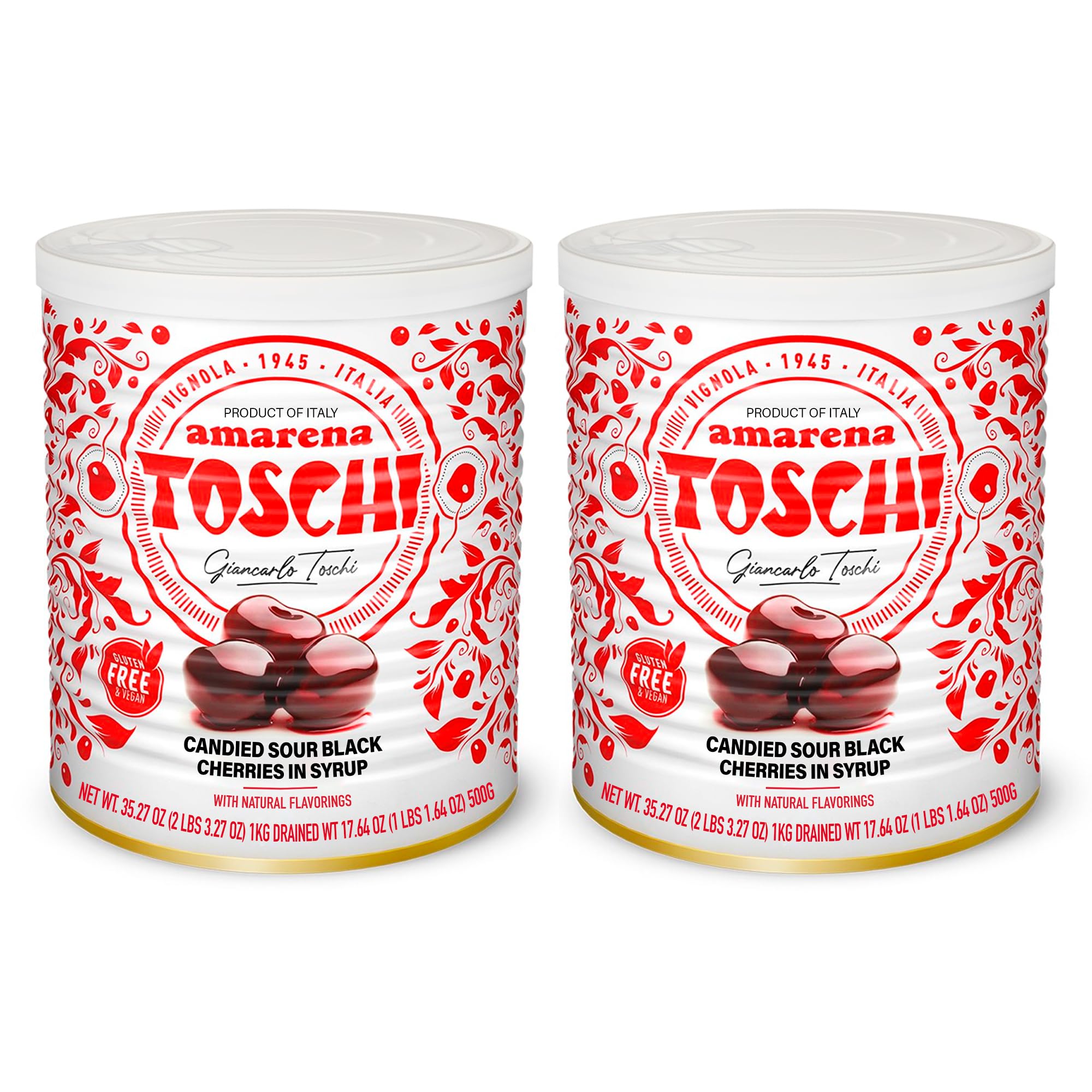 Toschi Amarena cherries in syrup bottle, ideal for home cocktails and desserts.
