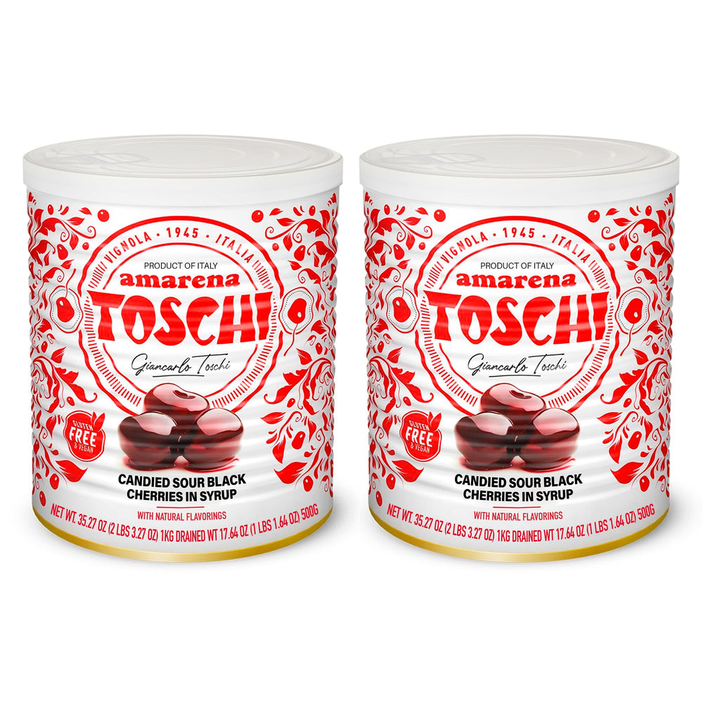 Toschi Amarena cherries in syrup bottle, ideal for home cocktails and desserts.