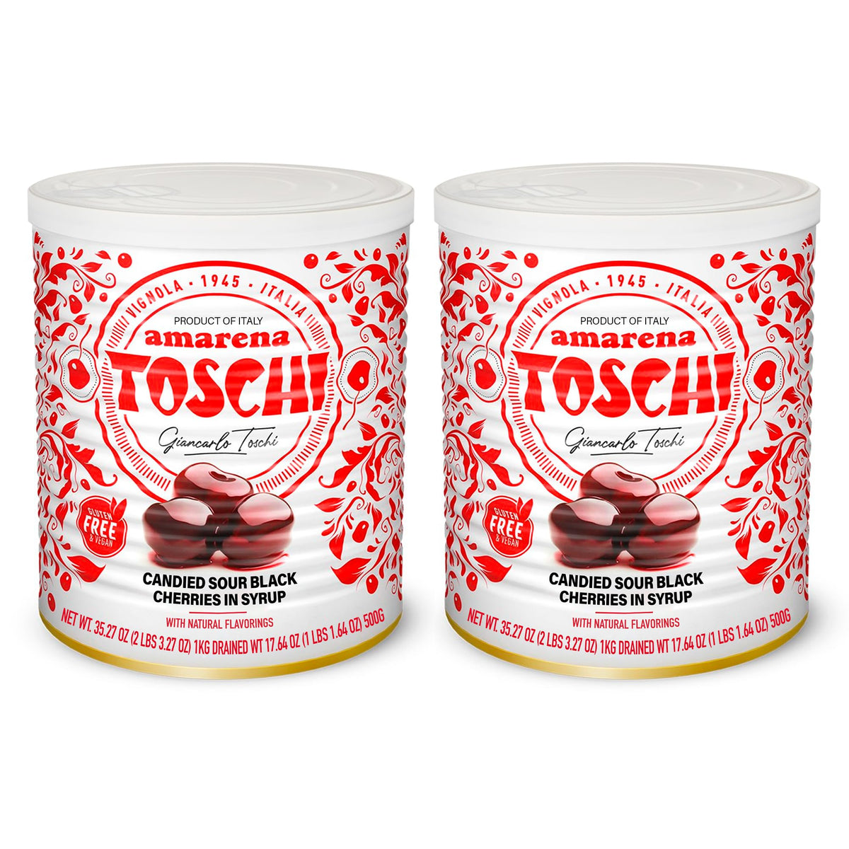 Toschi Amarena cherries in syrup bottle, ideal for home cocktails and desserts.