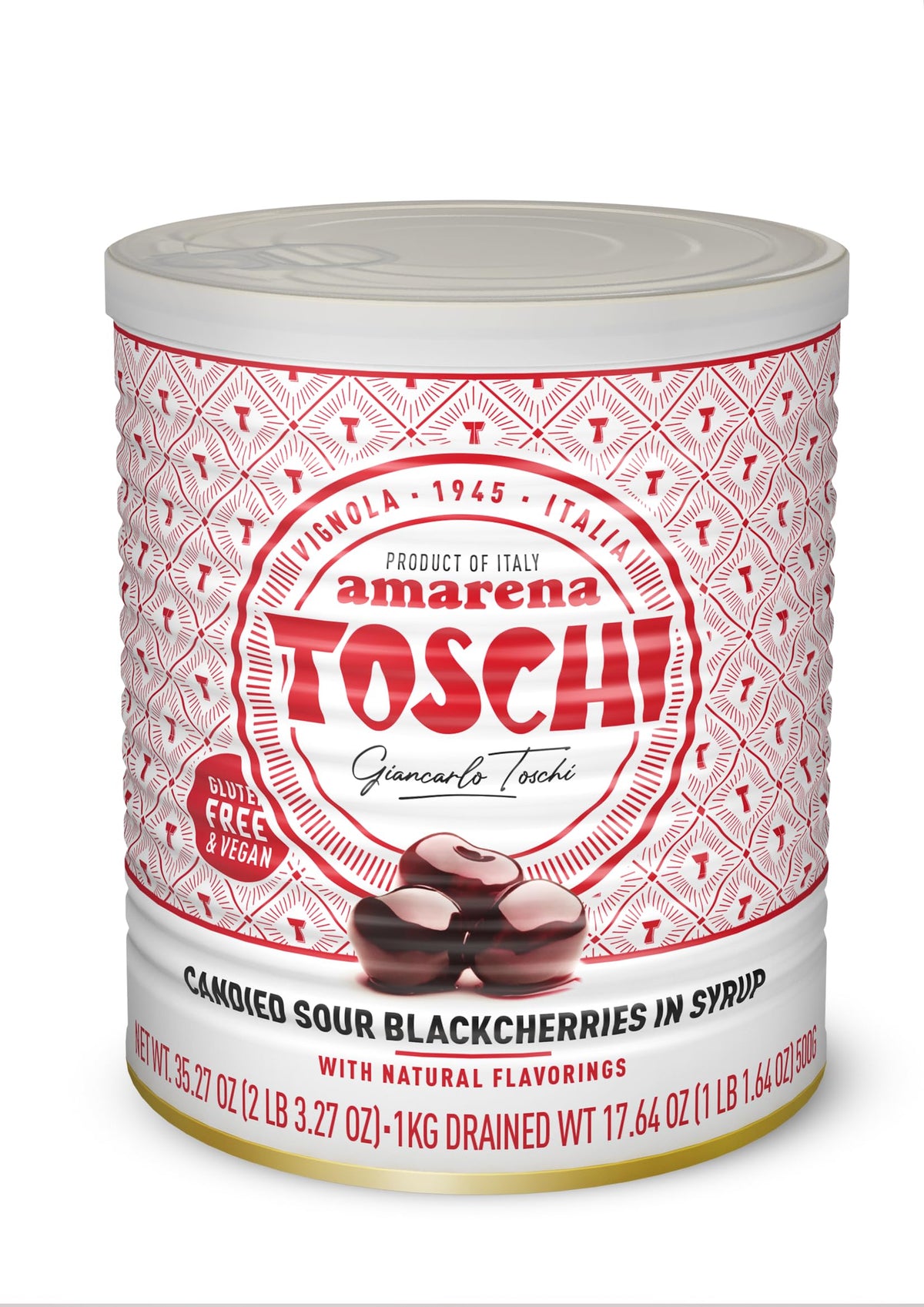 Toschi Amarena cherries in syrup jar ready for dessert topping.