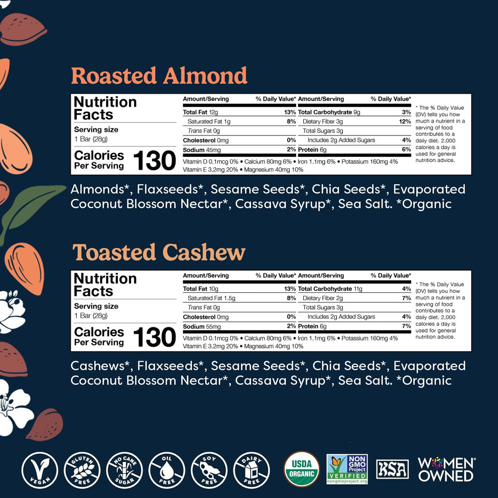 Tosi 12-pack almond and cashew bars for travel grab-and-go.