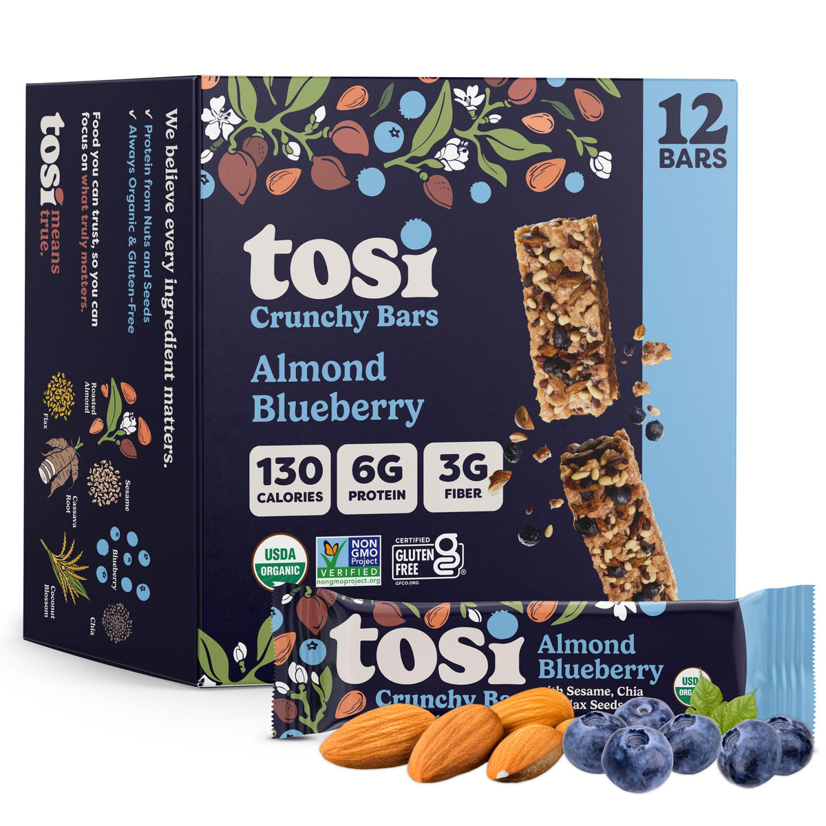 Tosi Almond Blueberry bar front view, protein-packed and grab-and-go.