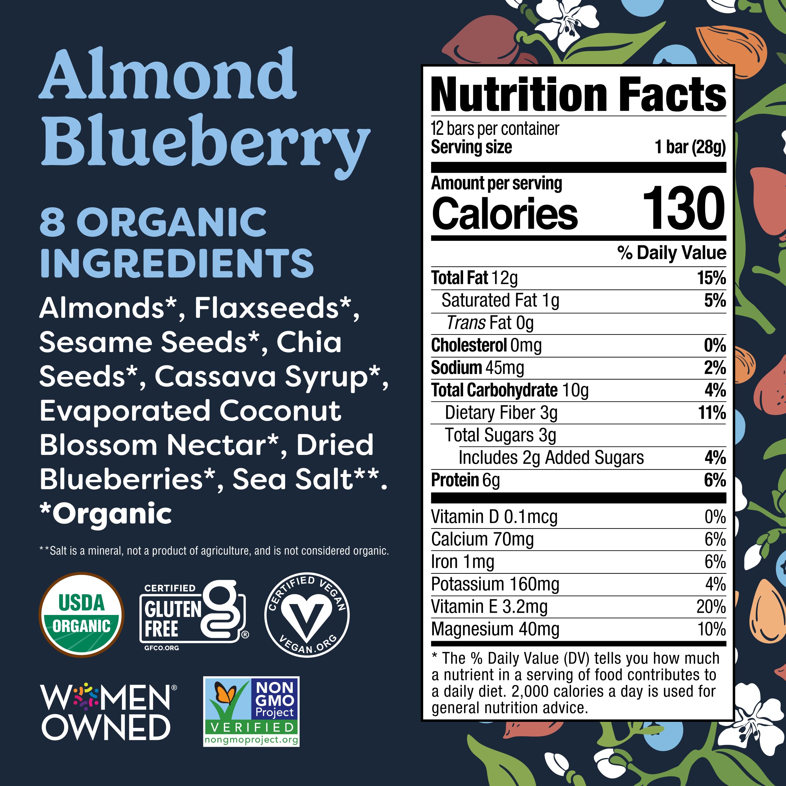 Tosi Almond Blueberry bars ingredients closeup with almonds and seeds.