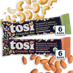 Close-up of Tosi bars crunch, plant-based protein from nuts.