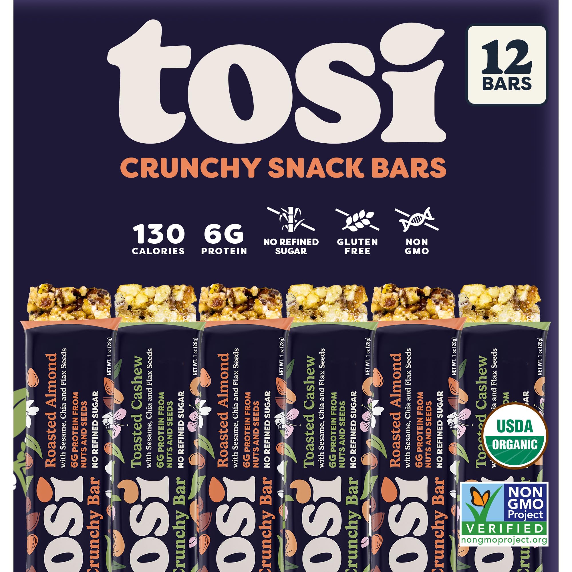 Tosi almond and cashew bars on plate, crunchy, nutrient-dense snack.