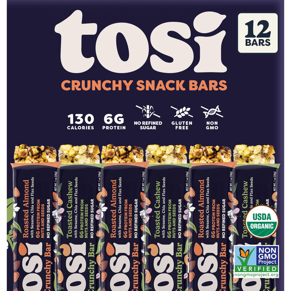 Tosi almond and cashew bars on plate, crunchy, nutrient-dense snack.