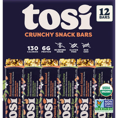 Tosi almond and cashew bars on plate, crunchy, nutrient-dense snack.